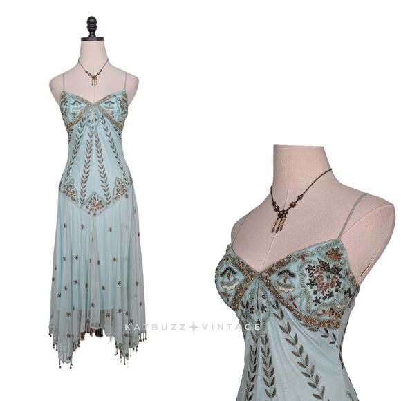 Vintage Midi Prom Dress Cocktail Gown 2 Blue Green Fairy Y2K Bead Gatsby Flapper - Picture 1 of 16